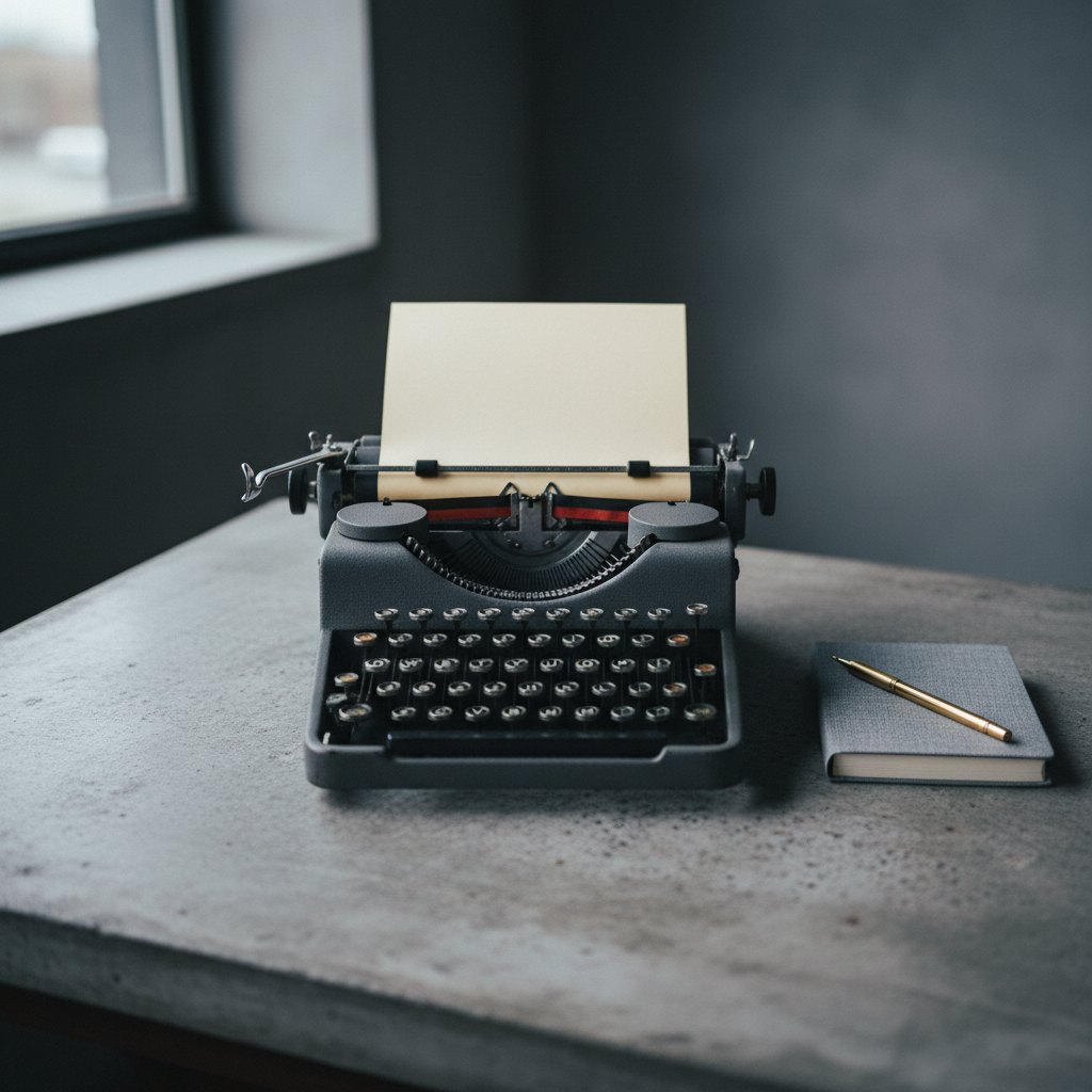 An antique typewriter with deep charcoal metal housing and round, glass-topped keys sits centered on a bare concrete slab table. A single sheet of unmarked, slightly textured paper is rolled into the carriage, its blankness emphasized by the stark surroundings. At the typewriter’s side, a closed notebook with a linen cover and a brass mechanical pencil create a minimal, balanced arrangement. Cool overcast window light enters from the left, casting crisp, elongated shadows and defining the machine’s worn edges. Photographic realism, captured from a low, cinematic angle with shallow depth of field, creates a mood of taut anticipation, as if a bold literary idea is about to be struck into existence.