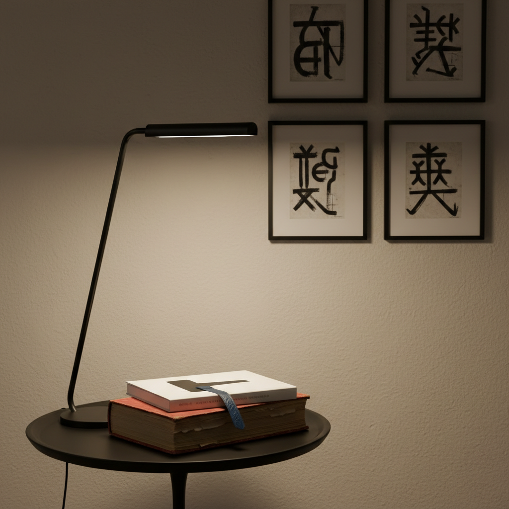 A slim, modern reading lamp arcs over a small stack of contrasting books—one with a cracked cloth spine, another with a glossy minimalist cover—arranged on a matte black side table. A single bookmark protrudes like a quiet interruption. Behind them, a neutral-toned wall is partially covered by framed, abstract monochrome prints that hint at language without using any legible text. The lamp’s warm, focused light creates a dramatic cone over the books, leaving the rest of the room in soft shadow. Photographic realism, shot from a slightly elevated angle with rule-of-thirds composition, evokes a refined, literary salon atmosphere that feels curated, intentional, and quietly provocative.