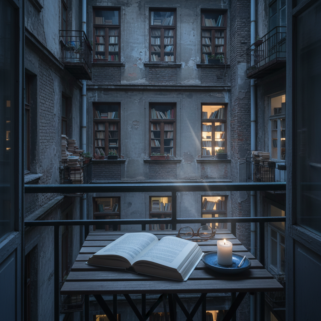 A narrow city balcony overlooks a canyon of old apartment facades, each dotted with small, overflowing bookshelves pressed against windows. In the foreground, on a simple iron café table, lies a single open paperback with a cracked spine, a pair of folded tortoiseshell reading glasses, and a small ceramic saucer holding a spent match and candle stub. The scene is lit by cool, blue-tinged twilight, with the last traces of natural light reflecting off window glass and casting soft glows across the pages. Photographic realism, shot from a slightly elevated three-quarter view, captures a mood of urban introspection and cultural observation, suggesting private reading amid a dense, unseen public.