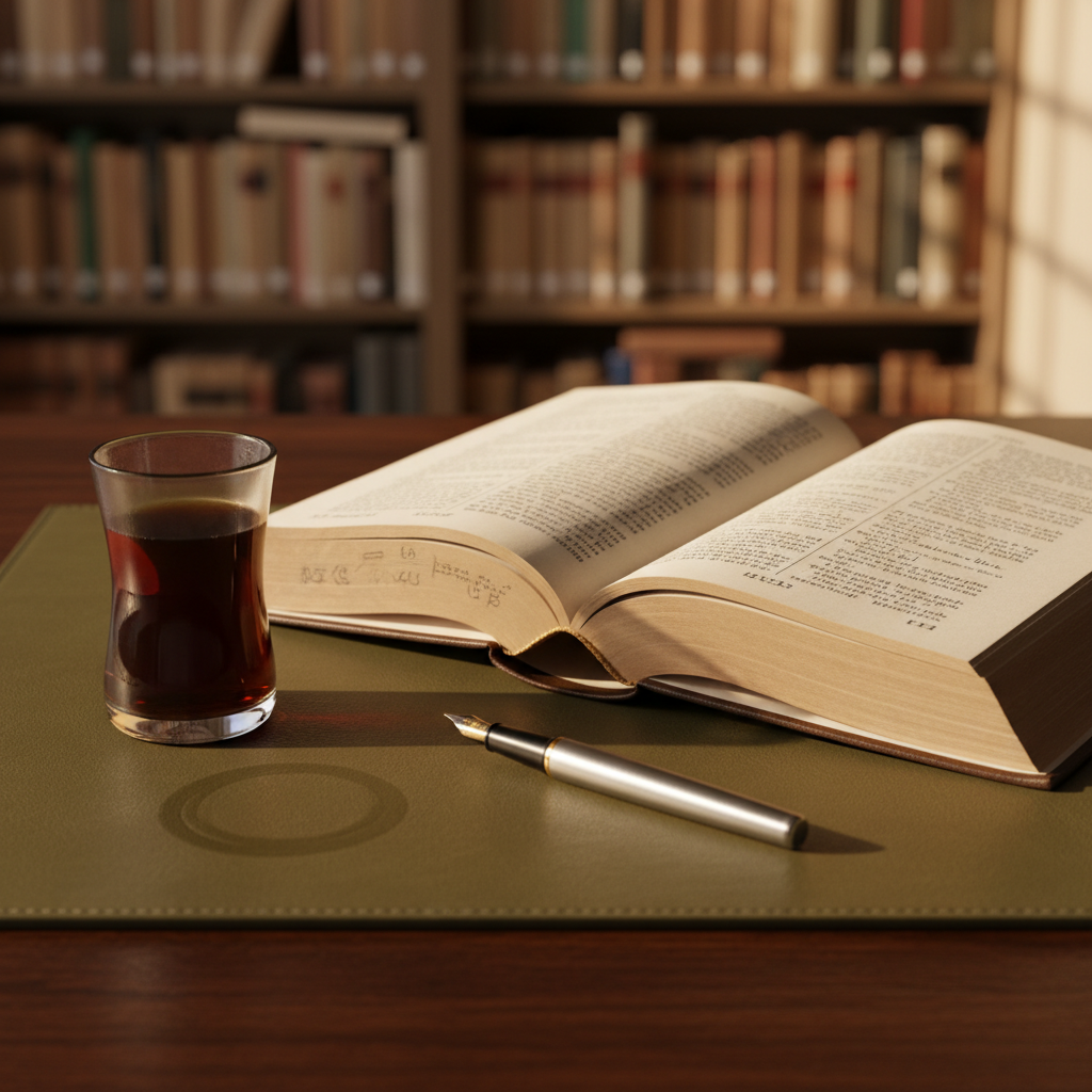 A well-worn hardcover novel lies open on a dark walnut desk, its cream pages slightly curled and densely marked with underlining and marginal symbols. Beside it, a narrow glass of strong black tea leaves a faint ring on a leather blotter, and a sleek metal fountain pen rests diagonally across the text. In the background, tall bookshelves dissolve into a soft blur of colored spines. Late-afternoon natural light pours from an unseen window, casting angled shadows and illuminating paper fibers in photographic realism. Shot at eye level with a shallow depth of field, the mood is contemplative and intellectually charged, suggesting close reading and critical thought in a clean, sophisticated study.